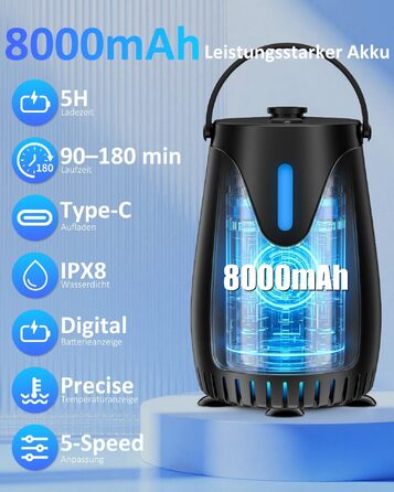Портативний кемпінговий душ Spopal з помпою 8000mAh, термометром та нічним підсвічуванням, водонепроникний IPX8, для подорожей, авто, тварин та поливу квітів
