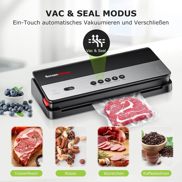 Вакууматор Bonsenkitchen для сухих та вологих продуктів з вбудованим різаком, чорний (в комплекті рулон та 5 пакетів)