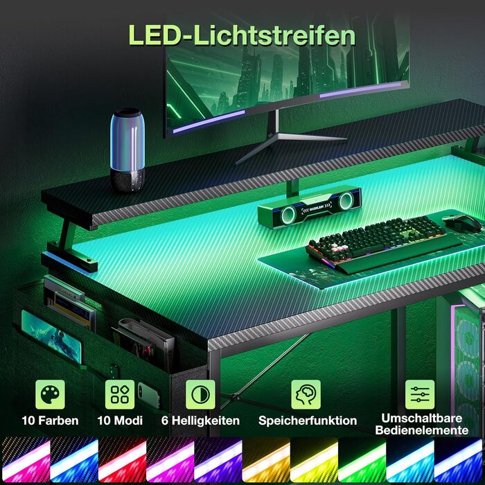 Ігровий кутовий стіл Coleshome з полицями та USB-розетками, з LED-підсвіткою для дому та офісу