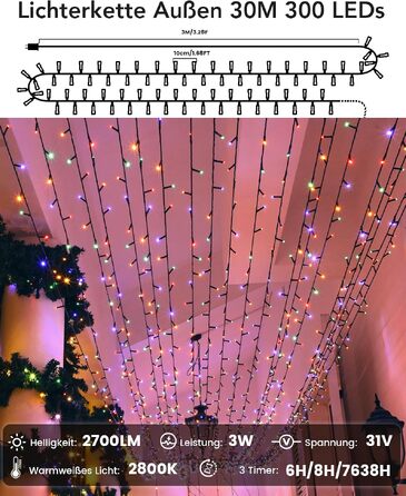 Світлодіодна гірлянда 50м 500 LED для вулиці та дому, вологозахищена з таймером та 11 режимами світіння (Теплий білий + Кольорова), для Різдва та вечірок