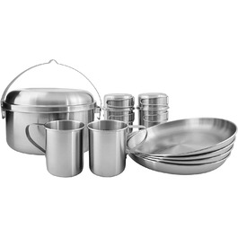 Набір посуду Tatonka Picnic Set IV з нержавіючої сталі для кемпінгу, 12 предметів: каструля, сковорода, тарілки та чашки, екологічний, для пікніка на 4 особи, сріблястий