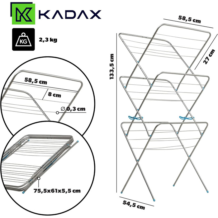KADAX вертикальна сушарка для білизни, складна, 20 м, компактна сіра стійка для сушіння одягу