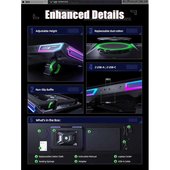 Ігровий охолоджувач для ноутбука llano V10 RGB Cooling Pad, підставка з вентиляторами, чорний