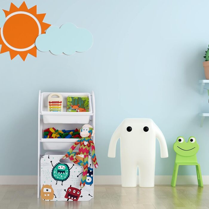 Дитячий стелаж Relaxdays з 3 коробками на роликах, монстр, білий, 80,5x42,5x30 см, іграшковий органайзер