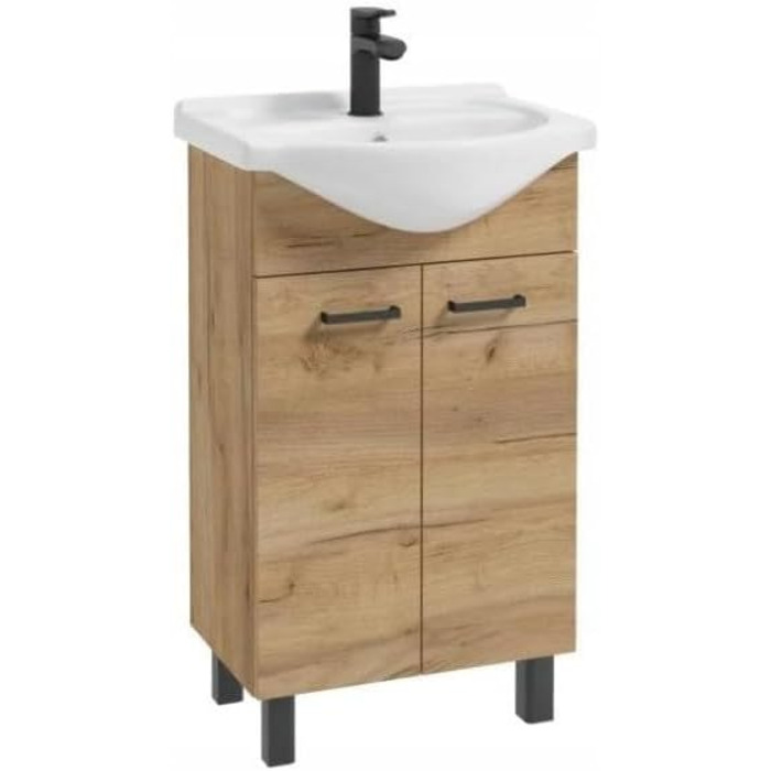 Підлогова тумба для ванної Domodomo з умивальником 85x50x41 см, комплект: керамічна раковина, сифон, чорний змішувач, дуб Craft, елегантний дизайн
