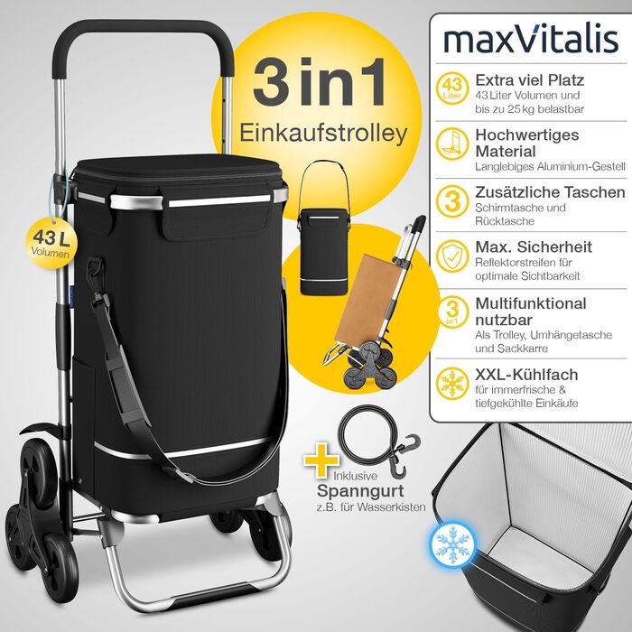 Сумка-візок maxVitalis для покупок, трьохколісний для сходів, з великим термовідділенням, складний, знімна сумка 43 л, чорний