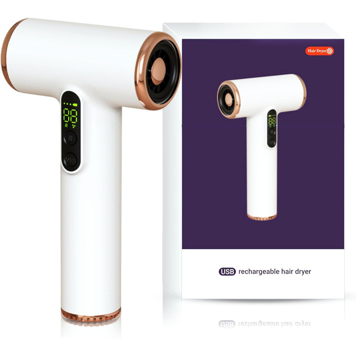 Портативний акумуляторний фен Bewinner Pro 200W, 3 швидкості та 3 температури, бездротовий фен для волосся з цифровим дисплеєм, для жінок, для подорожей та кемпінгу, білий
