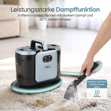 Olvy Teppichreiniger PRO: професійний пароочисник для килимів та м'яких меблів, 1650W. Включає миючий засіб. Підходить для чищення диванів, матраців та оббивки.