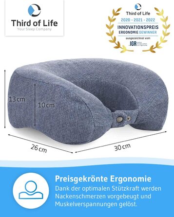 Ергономічна подушка для шиї ANDAR QuickDry з Memory-Foam для подорожей, швидковисихаючий чохол, проти болю в шиї, сіра, для літака, авто