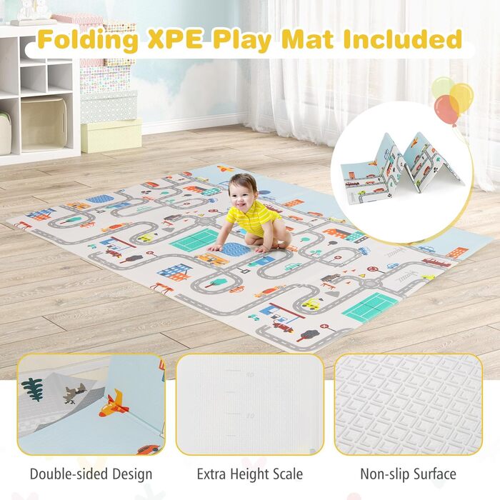 Дитячий манеж COSTWAY Laufstall з матрацом 189 x 158 см, з 50 м'ячиками та 4 ручками. Манеж-ігровий центр з дихаючим мережем для малюків (Світло-сірий)