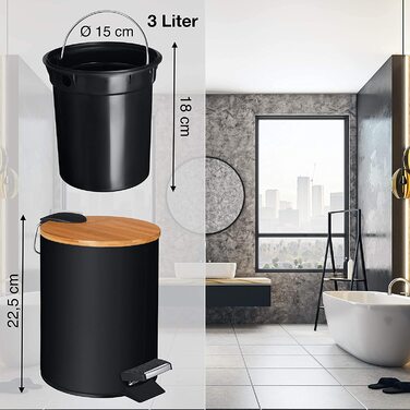 Косметичний відро для сміття VMbathrooms 3 л, чорний матовий, з бамбуковою кришкою, педальний, з м'яким закриванням, для ванної кімнати