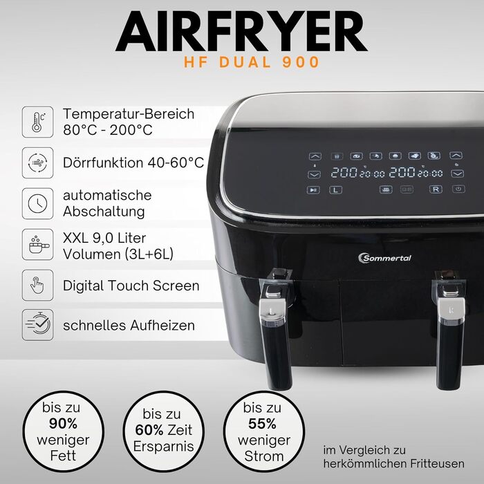 Аерофритюрниця з подвійною камерою Sommertal HF DUAL 900, 9 л, 2850 Вт, з функцією сушіння, сенсорним дисплеєм та 6 програмами, BPA-free