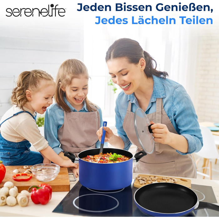 Набір кухонного посуду SereneLife 15 предметів блакитного кольору з антипригарним покриттям, кришками, придатний для миття в посудомийній машині