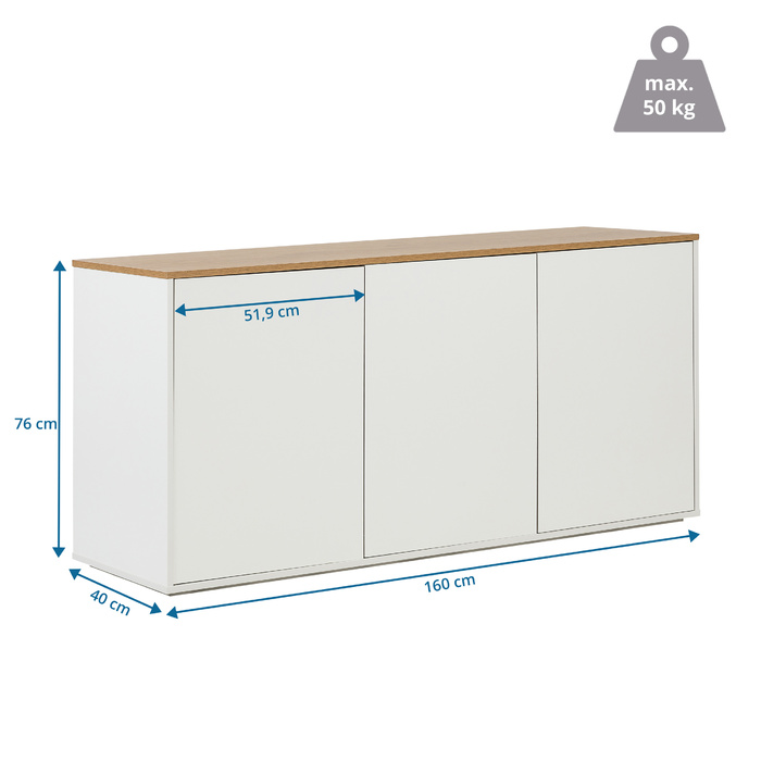 Сервант KELO S 160x40x76 см, 3 дверцята, білий/дуб hjh LIVING