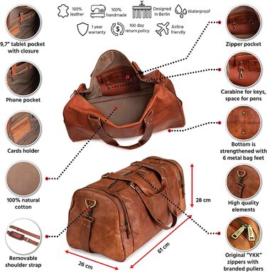 Шкіряна дорожня сумка Berliner Bags Oslo, 45л, коричнева, з 2 зовнішніми кишенями, для чоловіків і жінок