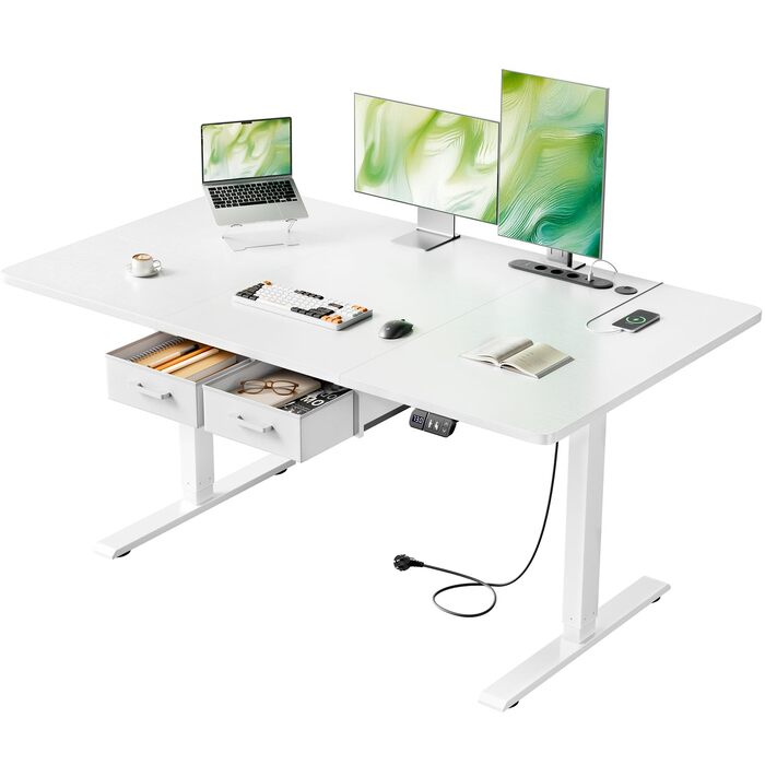Електричний регульований стіл HLONONE 140x80 см з шухлядами, розетками та USB, білий. Стоячий стіл з функцією пам'яті.
