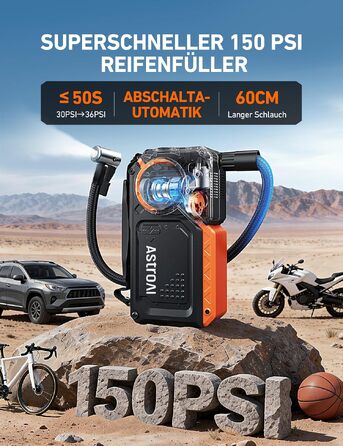 Пусковий пристрій AstroAI Starthilfe Powerbank для авто 8000А з компресором, помаранчевий