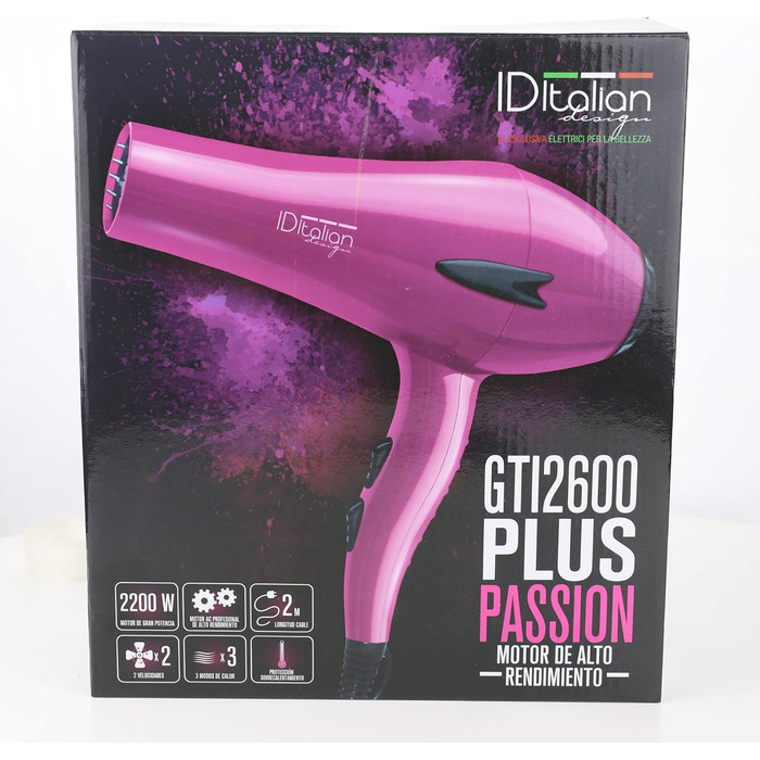 Професійний фен для волосся ID Italian Design 2200W, 3 температури, 2 швидкості, насадка для укладання, рожевий