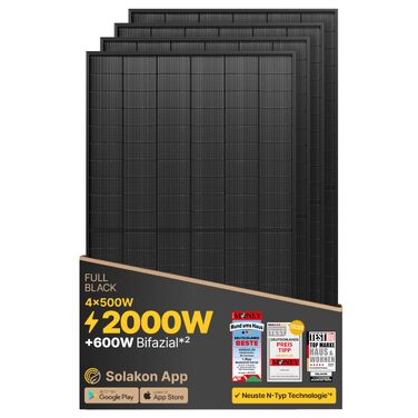 Двосторонній сонячний модуль Solakon Bifacial Glass-Glass N-Type Full Black, 500 Вт для балкона та фотоелектричних систем (1 шт)