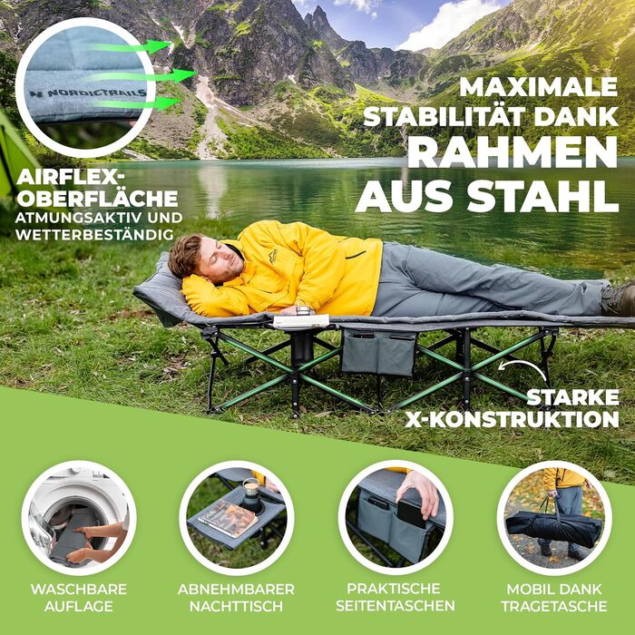 Розкладне кемпінгове ліжко NORDICTRAILS XXL з м'яким матрацом, сіре (190 x 70 см) — зручне похідне ліжко для відпочинку, риболовлі та гостей