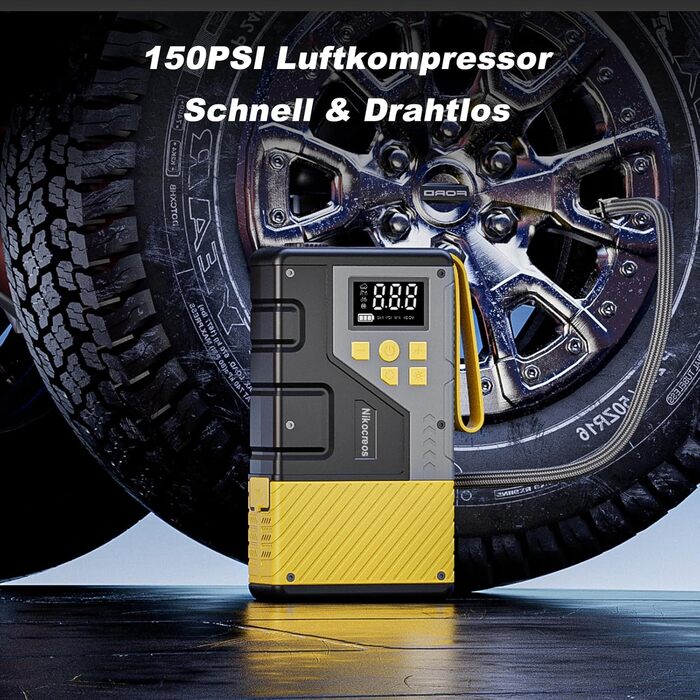 Пусковий пристрій Powerbank Jump Starter з компресором для шин 3000A, 150 PSI, LCD-дисплеєм та LED-ліхтарем (Жовтий)