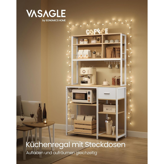 Полиця кухонна VASAGLE з розетками, підлогова, 40 x 100 x 180,4 см, полиця для випічки, регульовані полиці, тканинний ящик, 12 гачків, для кухні, антрацитово-чорний, KKS027B02