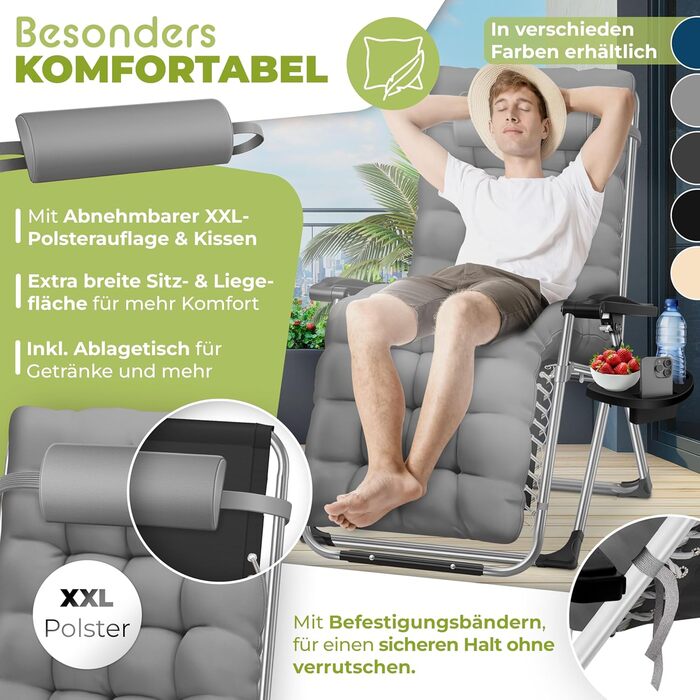Шезлонг KESSER® для саду, розкладний, вологостійкий, 200 кг, з подушкою, регульована спинка, підголовник та тримач для напоїв, сірий