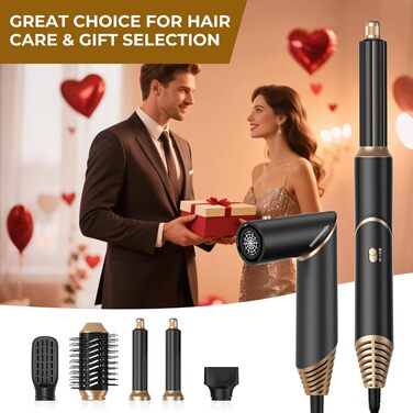 UKLISS Airstyler 5-в-1: Фен-щітка, стайлер для волосся з іонізацією, плойка, насадки для укладання (Чорний/Золотий)
