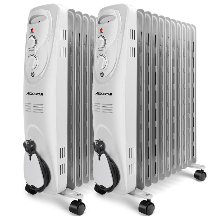 Електричний масляний радіатор Aigostar Pangpang 2300W, 11 секцій, з термостатом та 3 режимами нагріву, мобільний обігрівач (Білий, 2 шт)