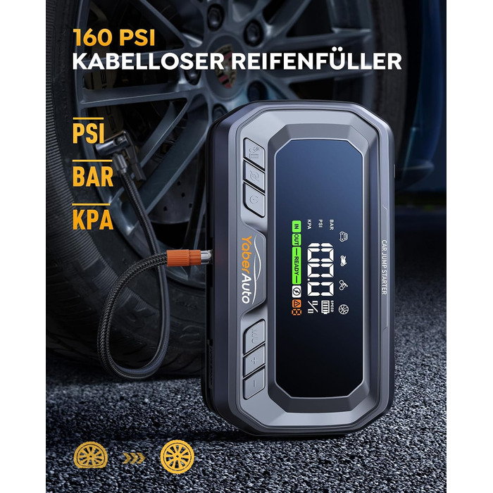 Бустерний пускач YaberAuto з компресором 160 PSI, 8000A Powerbank для авто (бензин та дизель до 12.0L), PD 65W, ліхтарик 600 лмен та LCD-дисплей