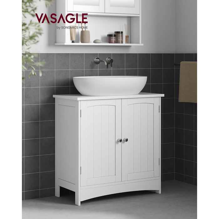 VASAGLE шафа під умивальник для ванної, 60×30×60 см, біла, з 2 дверцятами, регульованою полицею, велика місткість, стиль прованс, окремостояча