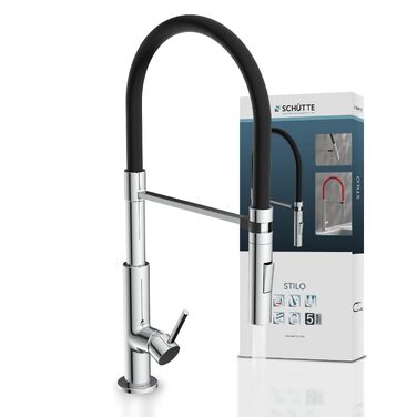 Змішувач кухонний Schütte 23138 з гнучким шлангом Soft Touch, поворотний на 360°, нержавіюча сталь/чорний