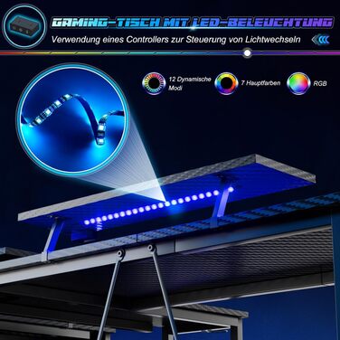 Ігровий стіл Devoko кутовий 140x80 см з подвійною підставкою для монітора, LED-підсвіткою, регульованою полицею та карбоновим дизайном, чорний