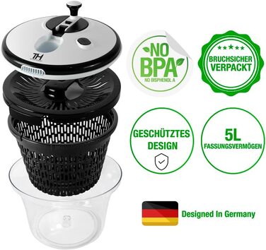 Сушарка для салату Thiru Premium 4,5 л з шейкером для заправки, інноваційна 3D-ручка, нековзка 2в1 миска, BPA Free, з eBook, висока оцінка