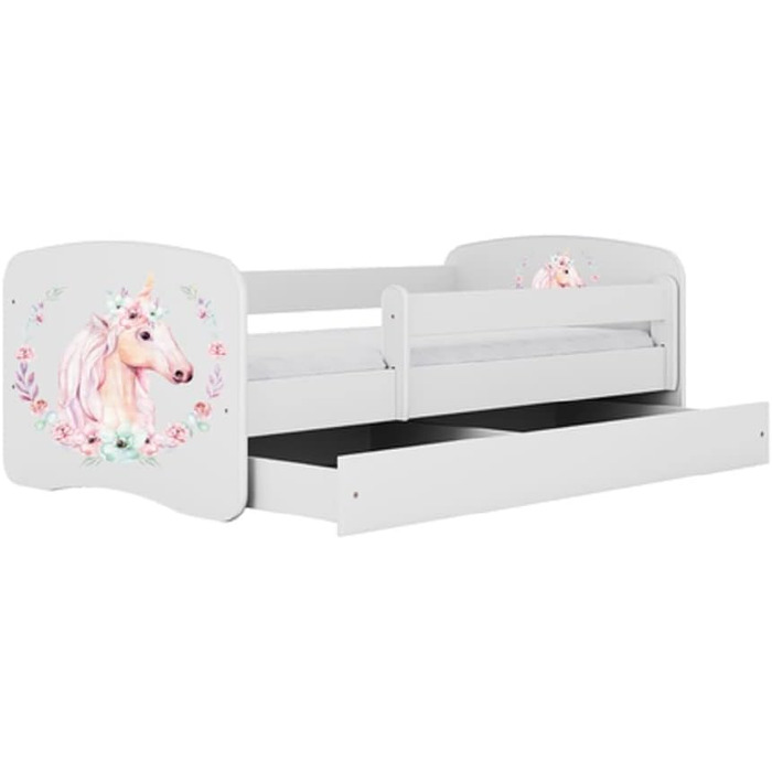 Дитяче ліжко Kids Collective 160x80 см з матрацом, бортиком, ламельною основою та шухлядою, біле, для дівчинки, рожеве з малюнком коня