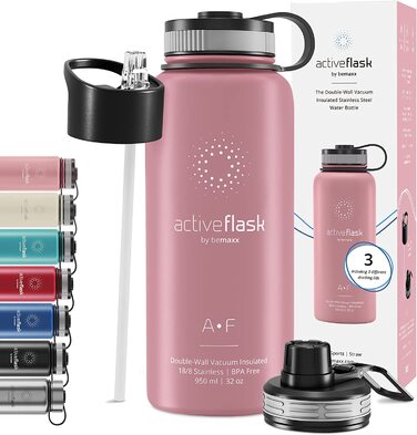 Термобутилка з нержавіючої сталі ACTIVE FLASK 950 мл, ізольована, з трубочкою, 3 кришки, BPA-free, герметична, для газованих напоїв, для води, спорту, велосипеда, дітей, чай, рожево-сіра