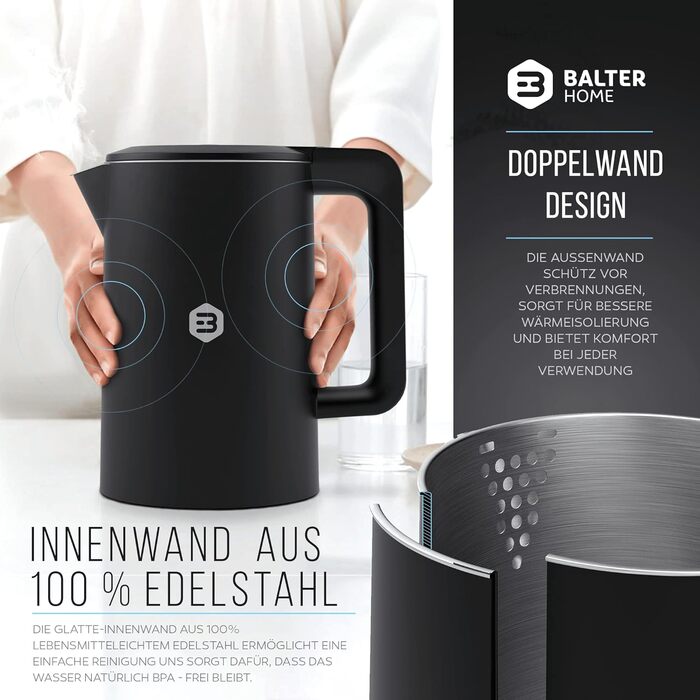 Електрочайник Balter з нержавіючої сталі, регулювання температури 40–100°C, подвійні стінки, BPA Free, 1,5 л, чорний, модель WK-11BL-LCD