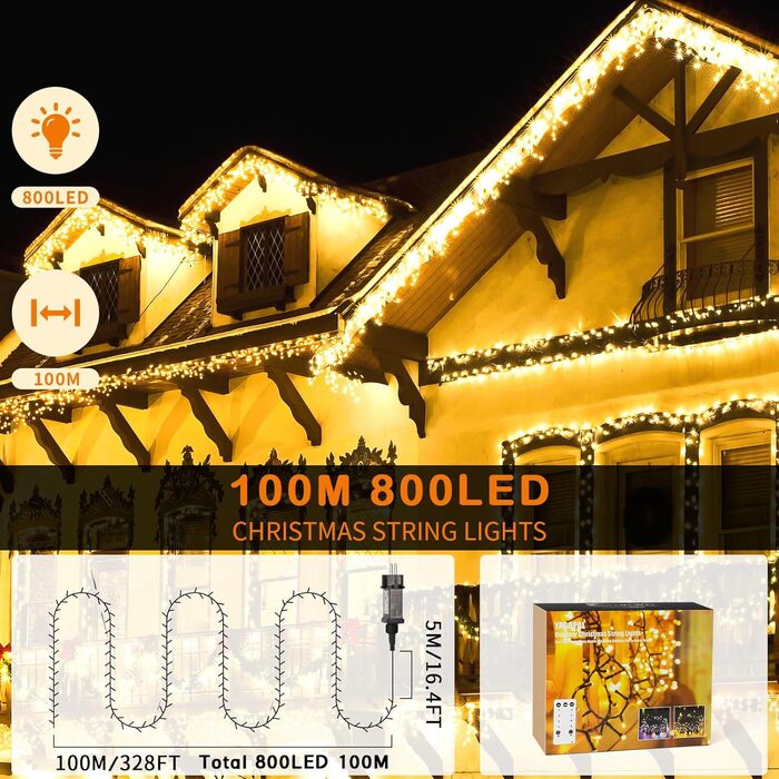 Світлодіодна гірлянда YAGOPAL 100м 800 LED для вулиці та дому, багатоколірна, 8 режимів, з пультом керування та таймером, IP65, для ялинки, тераси та святкового декору