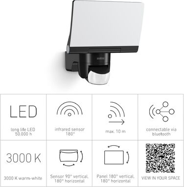 Світлодіодний прожектор Steinel XLED Home 2 S з датчиком руху та Bluetooth, поворотний, 13.7 Вт, 1550 Лм, 180°, 10 м, чорний, для вулиці