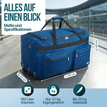 Дорожня сумка на колесах MONZANA XL 85л, сумка-тролей з телескопічною ручкою та підставками, м'який дорожній багаж (Темно-синій, 70x36x34см)