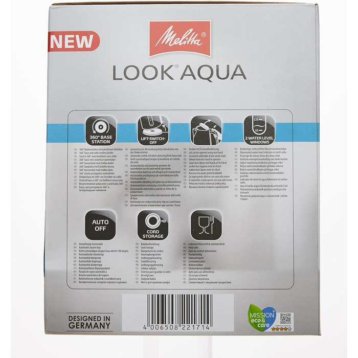 Електрочайник Melitta Look Aqua 1026-02, 1,7 л, 2400 Вт, чорний, з автоматичним вимкненням, захистом від перегріву та прихованим нагрівальним елементом