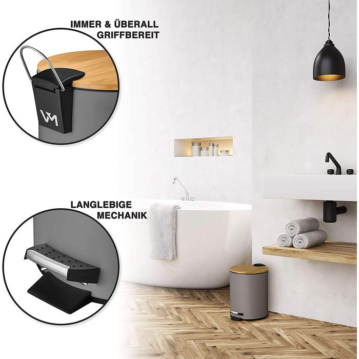 Косметичне відро VMbathrooms 5 л, сіре, з м'яким закриттям, бамбукова кришка, для ванної кімнати