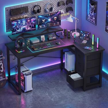 Кутовий комп'ютерний стіл L-подібний JUMMICO з 4 ящиками, розетками та USB, 140x80 см, чорний