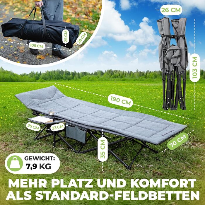 Розкладне кемпінгове ліжко NORDICTRAILS XXL з м'яким матрацом, сіре (190 x 70 см) — зручне похідне ліжко для відпочинку, риболовлі та гостей