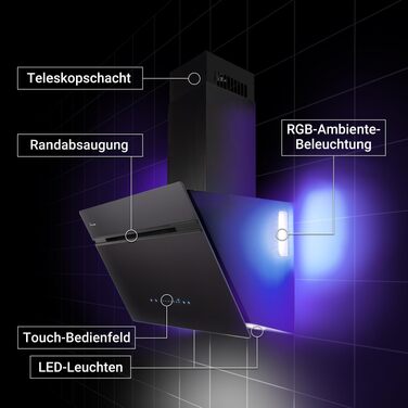 Витяжка для кухні KKT Kolbe Aurora 60 см, чорне скло, 782 м³/год, з WiFi, RGBW LED-підсвіткою та сенсорним керуванням, режим рециркуляції та відводу (AURORA6005FB)
