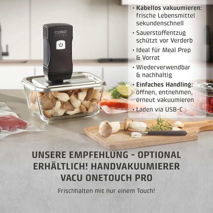 Вакууматор CASO Vacu OneTouch Eco-Set: бездротовий ручний вакууматор з 3 скляними контейнерами, 10 ZIP-пакетами та наклейками Food Manager, чорний