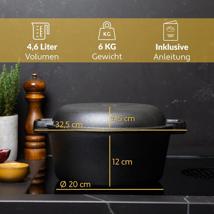 Чавунний казан Chefarone 26 см з кошиком для вистоювання та лопаткою, форма для випікання хліба з кришкою, об'єм 4,6 л, міцний посуд для домашнього хліба