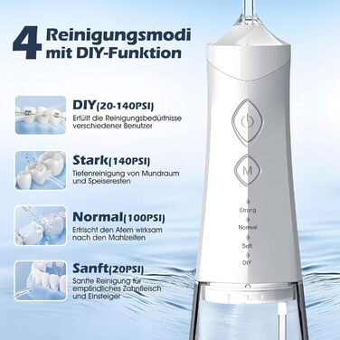 Іригатор для порожнини рота Munddusche - Тест-переможець 2024, професійний, з технологією мікробульбашок, регулювання тиску води, для чищення зубів та брекетів, білий