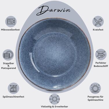 Набір глибоких тарілок Sänger Darwin 4 шт., супові миски з кераміки, вінтажні сині, ручна робота, для 4 осіб, 500 мл, можна мити в посудомийній машині