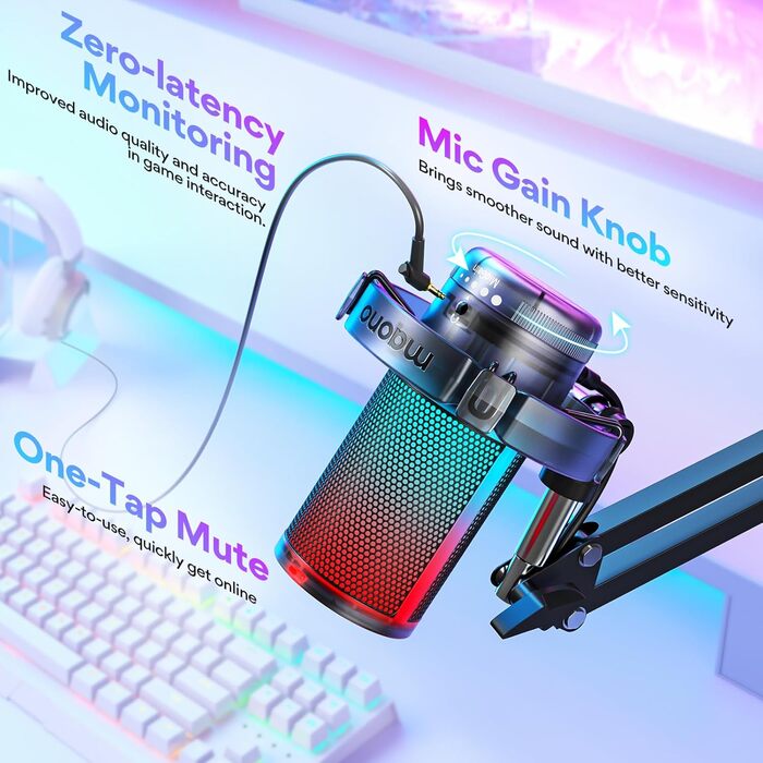 MAONO ігровий USB конденсаторний мікрофон з шумозаглушенням, RGB підсвічуванням для стрімінгу, подкастів, YouTube, Discord, Plug and Play, для ПК, Mac, PS4, PS5, DGM20S Black Crystal